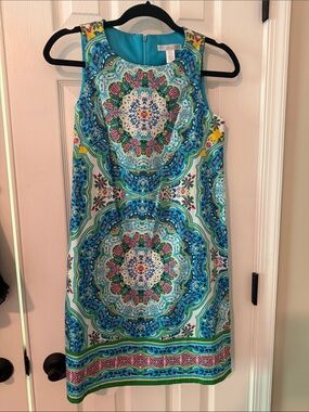 Sleeveless Turquoise Mosaic Print Shift Dress